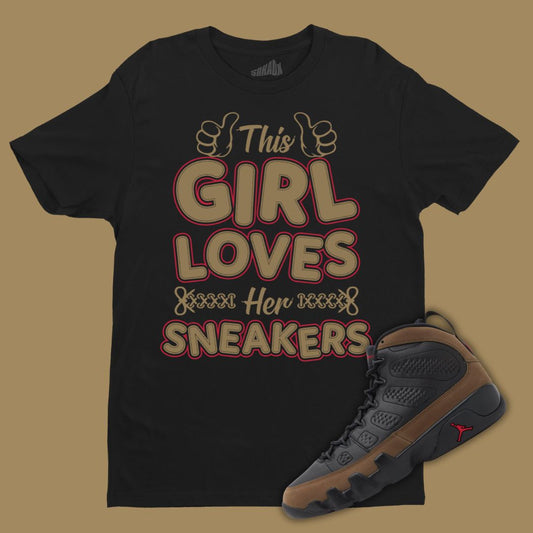 This Girl Loves Her Sneakers Black T-Shirt Kidsing Jordan 9 Olive