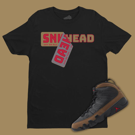 Sneakerhead Sticker Black T-Shirt Kidsing Jordan 9 Olive