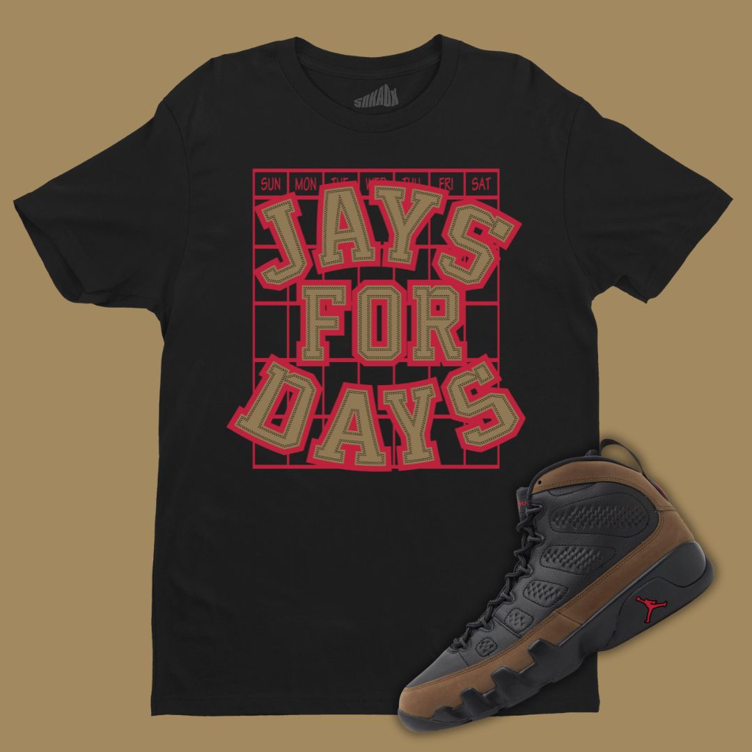 Jordan 9 Olive Matching T Shirt Jays For Days Black Tee air jordan 7 retro olympic alternate x jordan aj 7 92 t shirt ThegardensnowboardShops