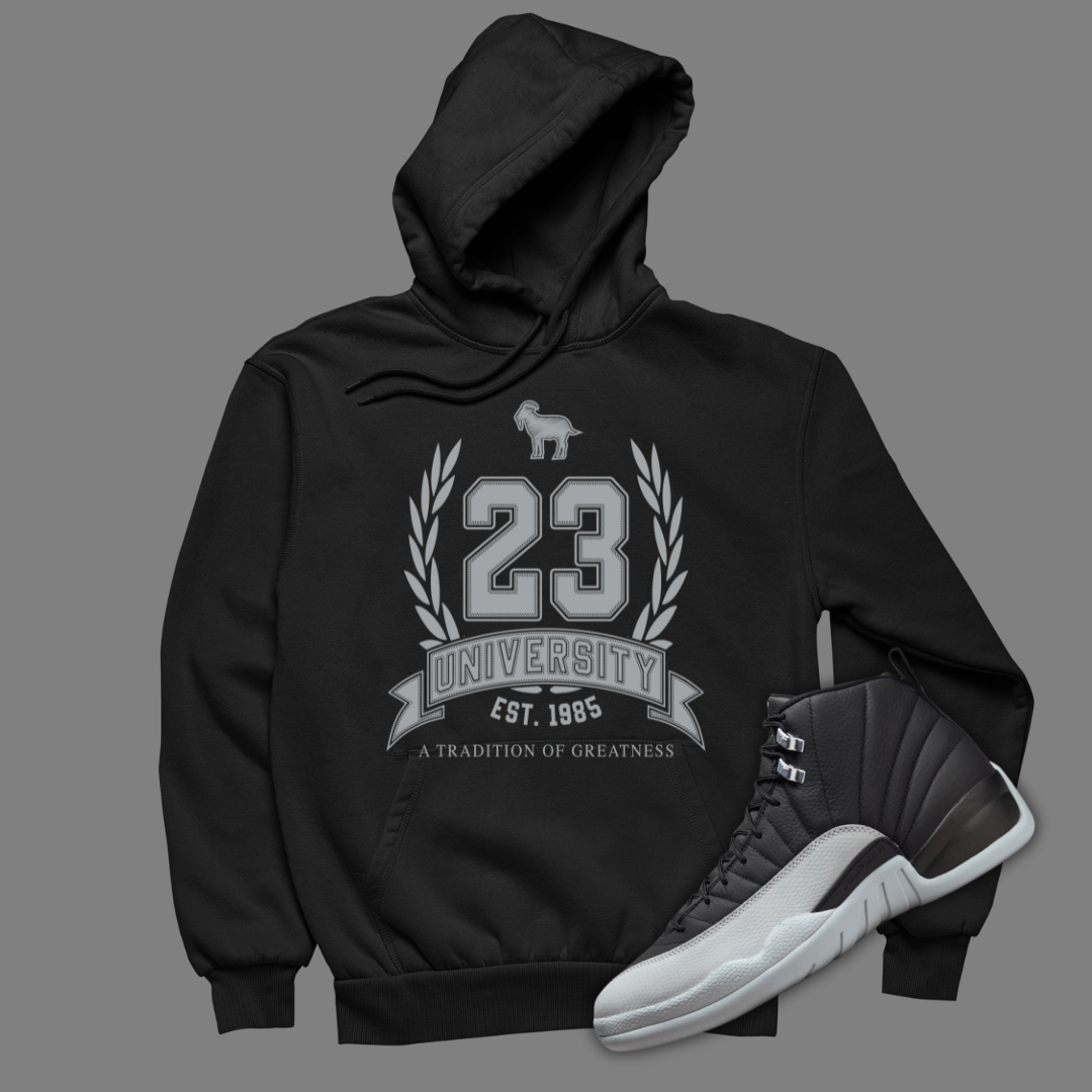 A new summer ready fit from Jordan Univ Brand has surfaced in time for the Jordan 12 Barons 23 University Black Hoodie Matching FledermausShops