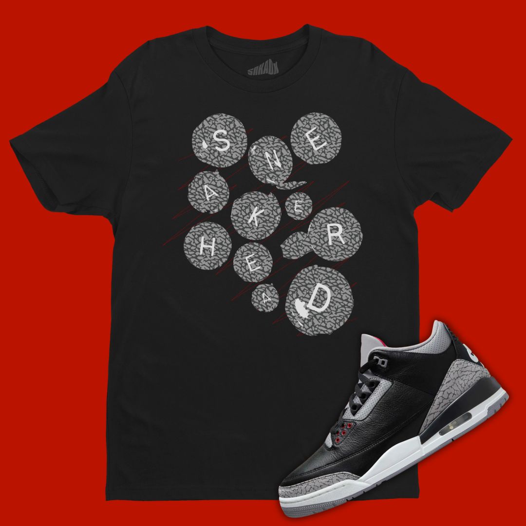 Sneakerhead Buttons Black T-Shirt Matching Jordan 3 Black Cement