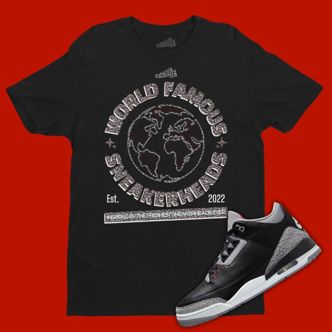 World Famous Sneakerheads Black T-Shirt Matching Jordan 3 Black Cement