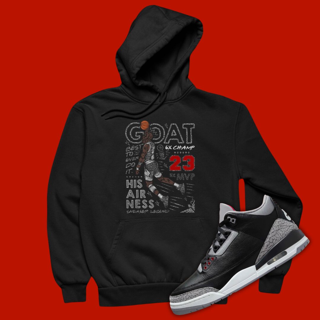 Air Jordan 3 Black Cement Hoodie with Michael Jordan dunking on the front