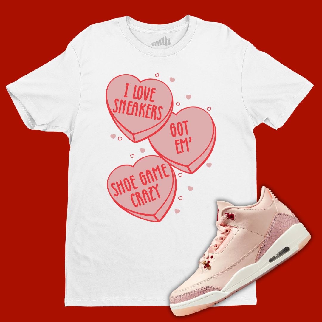 White 'Candy Hearts' t-shirt designed to match the Air Jordan 3 Valentine's Day 2025, featuring bold typography and sneaker-inspired graphics.