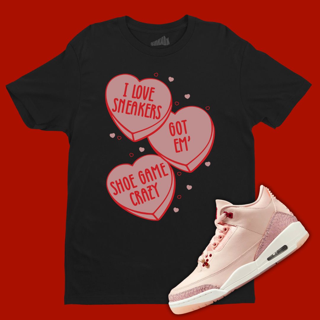 Black 'Candy Hearts' t-shirt designed to match the Air Jordan 3 Valentine's Day 2025, featuring bold typography and sneaker-inspired graphics.