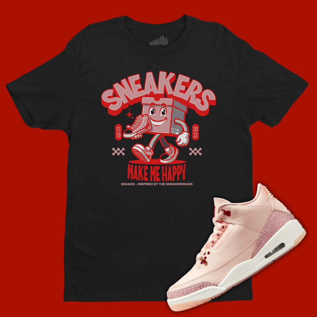 Black 'Sneakers Make Me Happy' t-shirt designed to match the Air Jordan 3 Valentine's Day 2025, featuring bold typography and sneaker-inspired graphics.