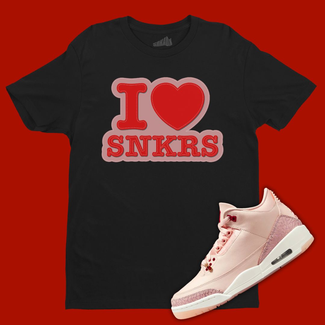 Black 'I Love Sneakers' t-shirt designed to match the Air Jordan 3 Valentine's Day 2025, featuring bold typography and sneaker-inspired graphics.