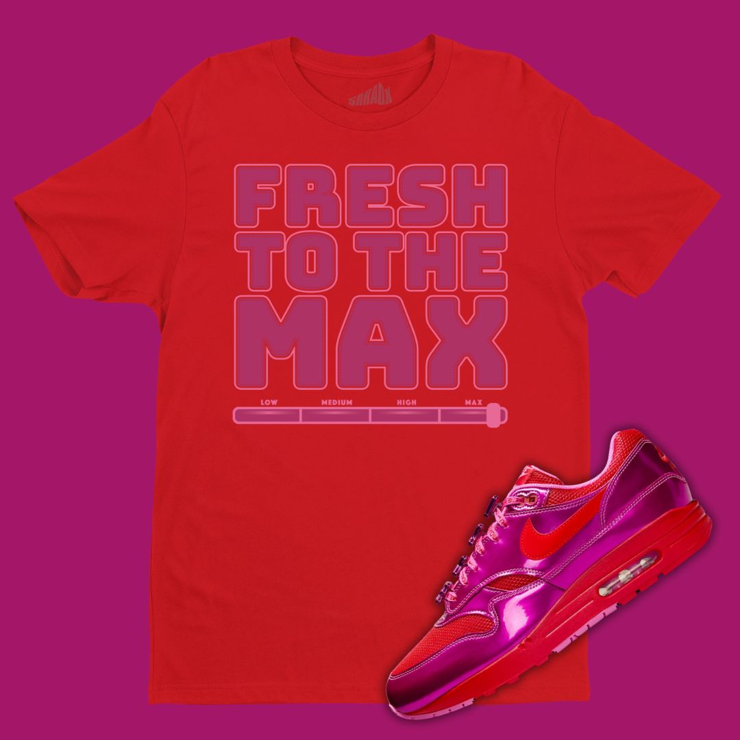 Red t-shirt to match the Nike Air Max 1 Valentine's Day with 'Fresh to The Max' design.