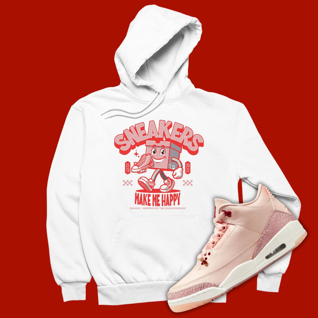 White 'Sneakers Make Me Happy' hoodie designed to match the Air Jordan 3 Valentine's Day 2025, featuring bold typography and sneaker-inspired graphics.