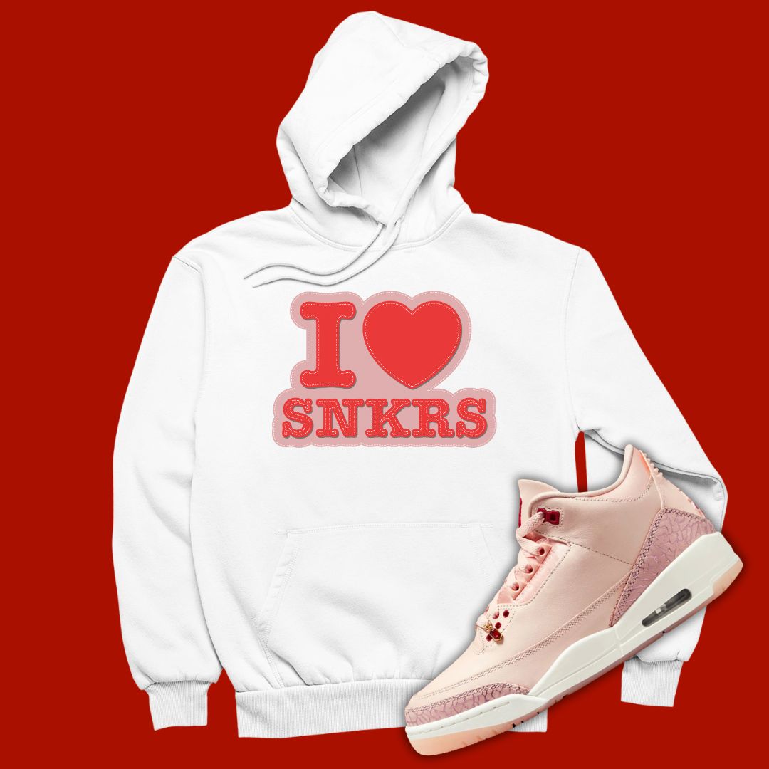 White 'I Love Sneakers' hoodie designed to match the Air Jordan 3 Valentine's Day 2025, featuring bold typography and sneaker-inspired graphics.