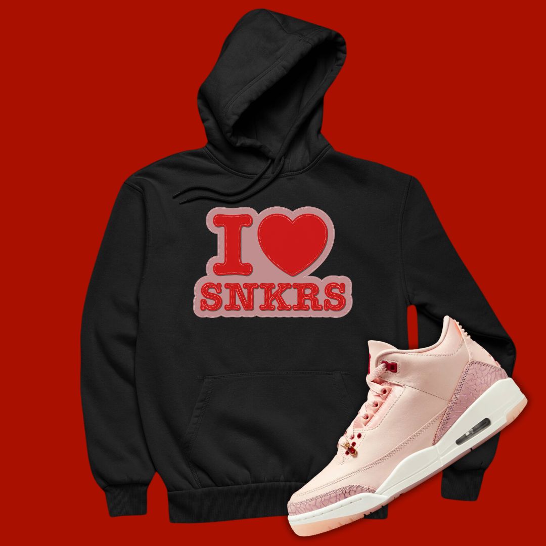 Black 'I Love Sneakers' hoodie designed to match the Air Jordan 3 Valentine's Day 2025, featuring bold typography and sneaker-inspired graphics.