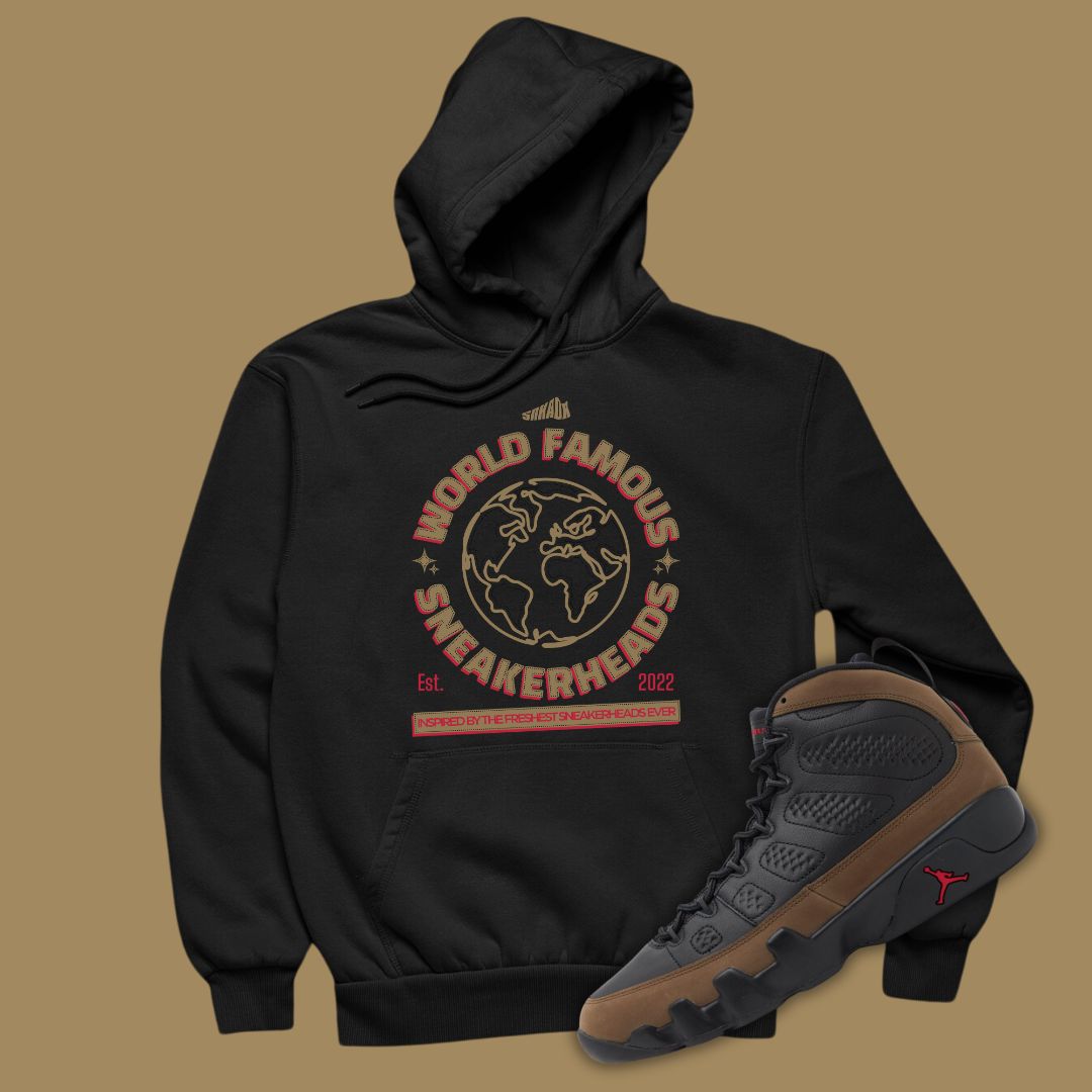 World Famous Sneakerheads Black Hoodie Matching Jordan 9 Olive