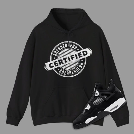 Certified Sneakerhead Black Hoodie Matching Jordan 4 White Thunder