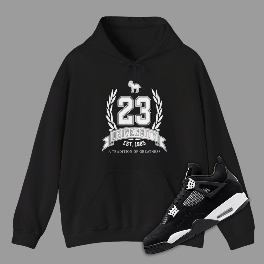 23 University Black Hoodie Matching Jordan 4 White Thunder