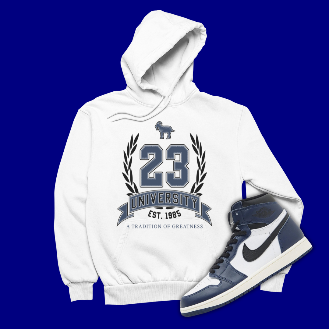 23 University White Hoodie Matching Jordan 1 High OG Midnight Navy