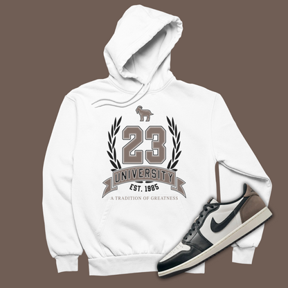 23 University White Hoodie Matching Jordan 1 Low OG Mocha