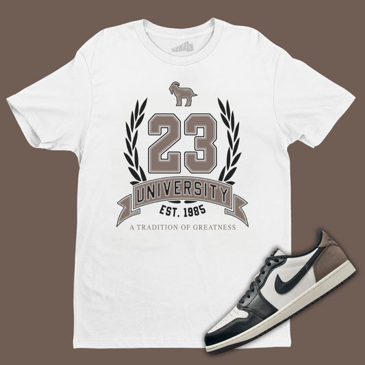 23 University White T-Shirt Matching Jordan 1 Low OG Mocha