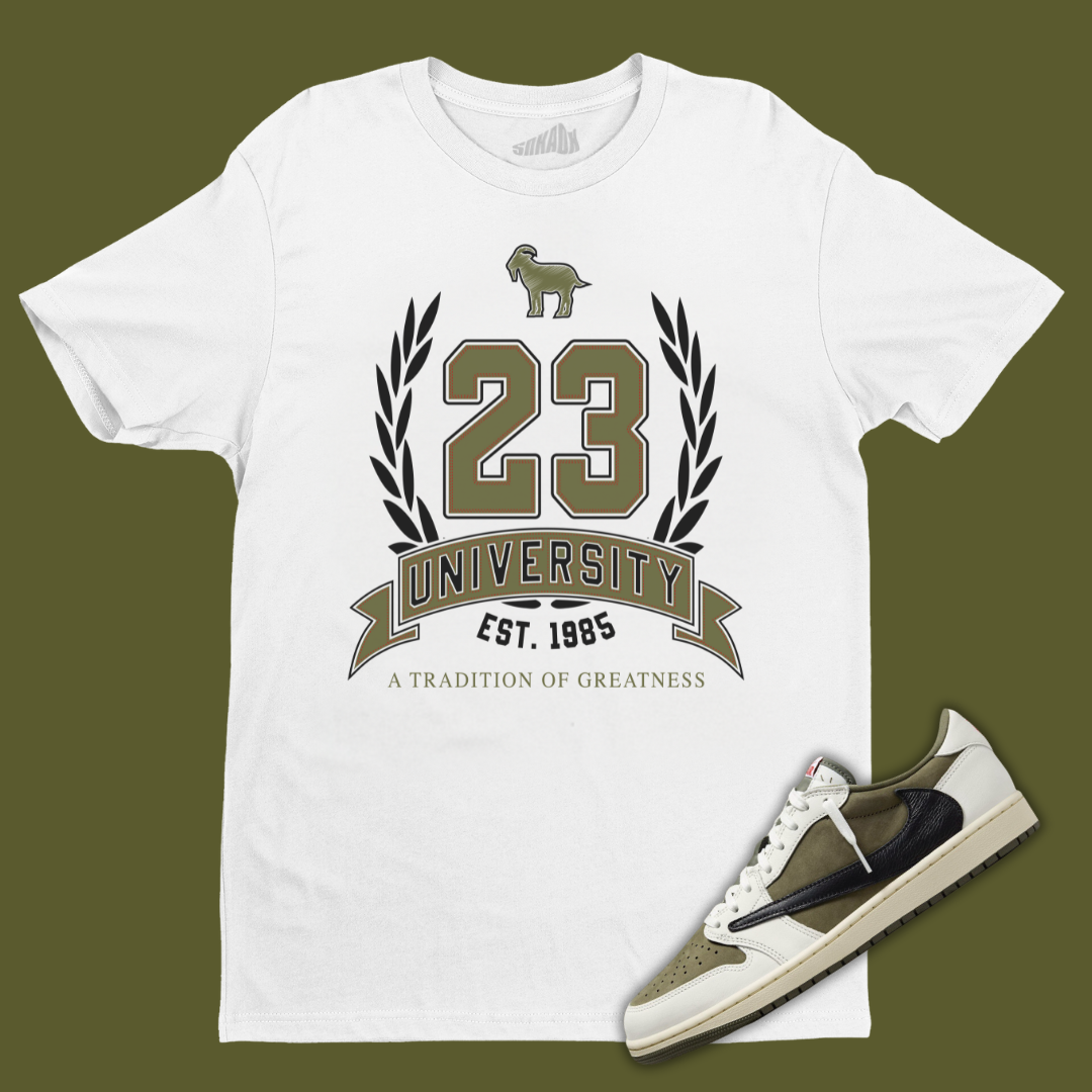 23 University White T-Shirt Matching Travis Scott x Air Jordan 1 Low OG Medium Olive