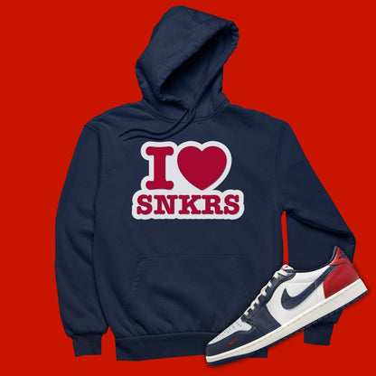 I Love Sneakers Navy Hoodie Matching Jordan 1 Low Howard