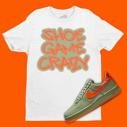 Shoe Game Crazy T-Shirt Matching Air Force 1 Low Premium Oil Green/Safety Orange - White and Oil Green tshirt