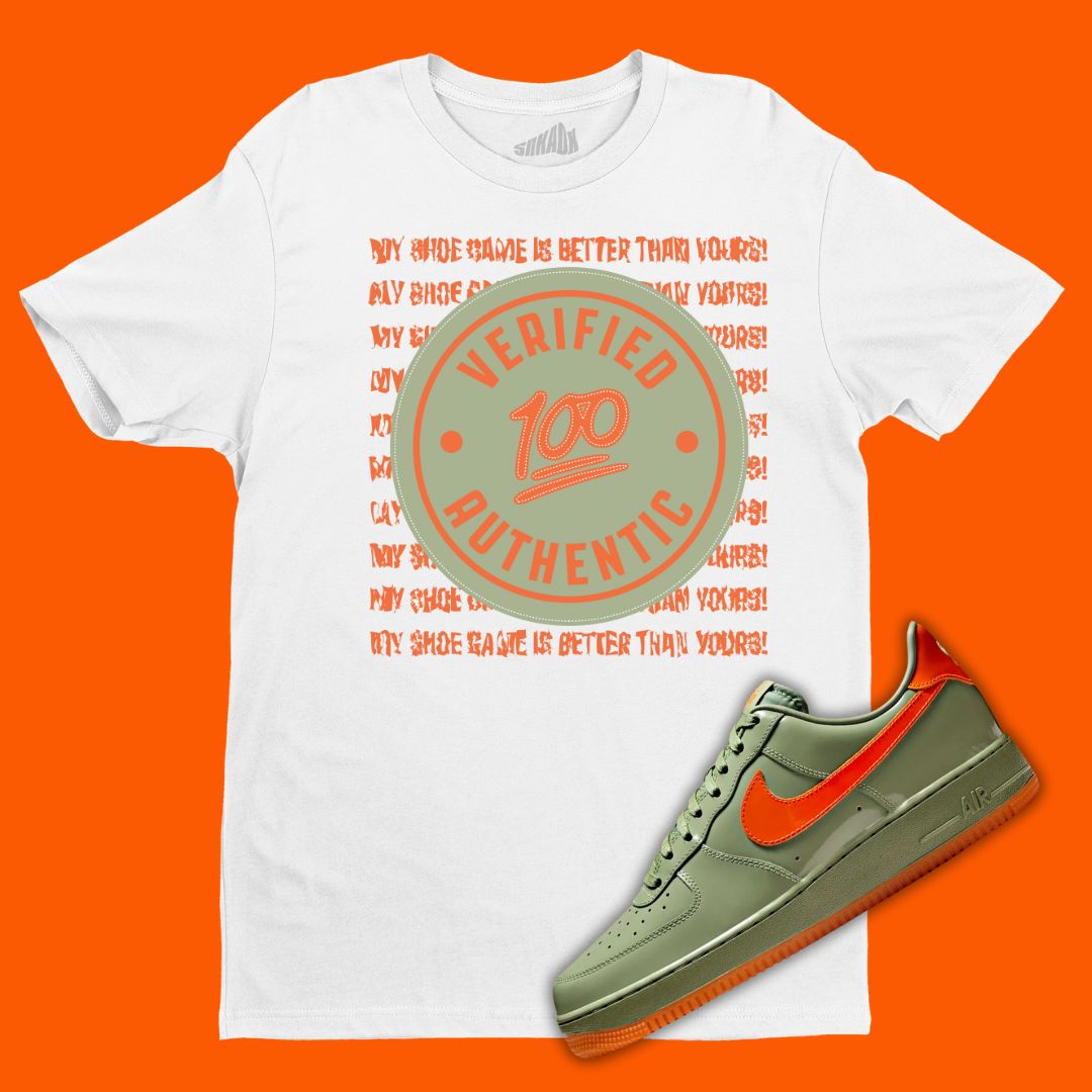 Verified Authentic White T-Shirt Matching Air Force 1 Low Premium Oil Green/Safety Orange