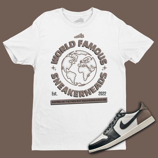 World Famous Sneakerhead White T-Shirt Matching Jordan 1 Low OG Mocha