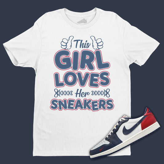 The Girl Loves Her Sneakers white T-Shirt Matching Jordan 1 Low Howard University