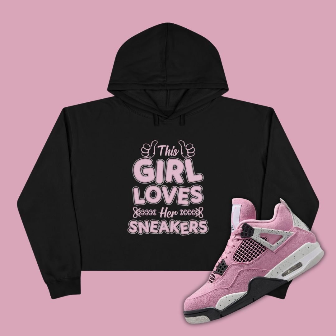 This Girl Loves Her Sneakers Crop Hoodie in black Matching Jordan 4 Orchid