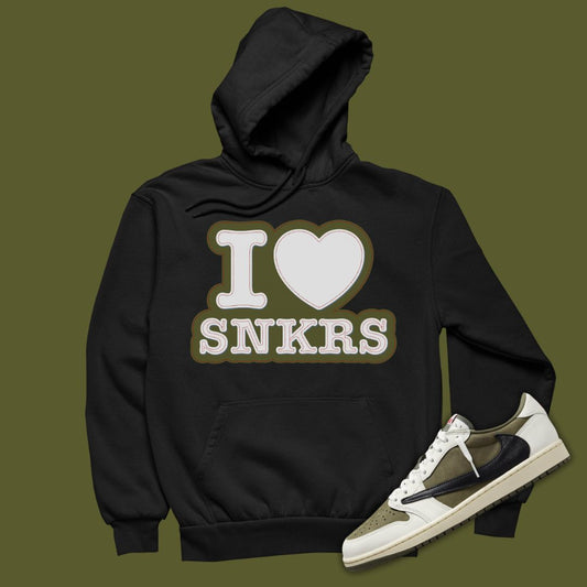 I Love Sneakers Black Hoodie Matching Travis Scott x Air Jordan 1 Low OG Medium Olive