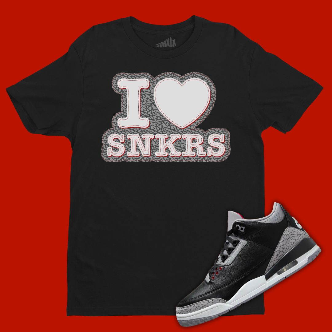 I Love Sneakers Black T-Shirt Matching Jordan 3 Black Cement