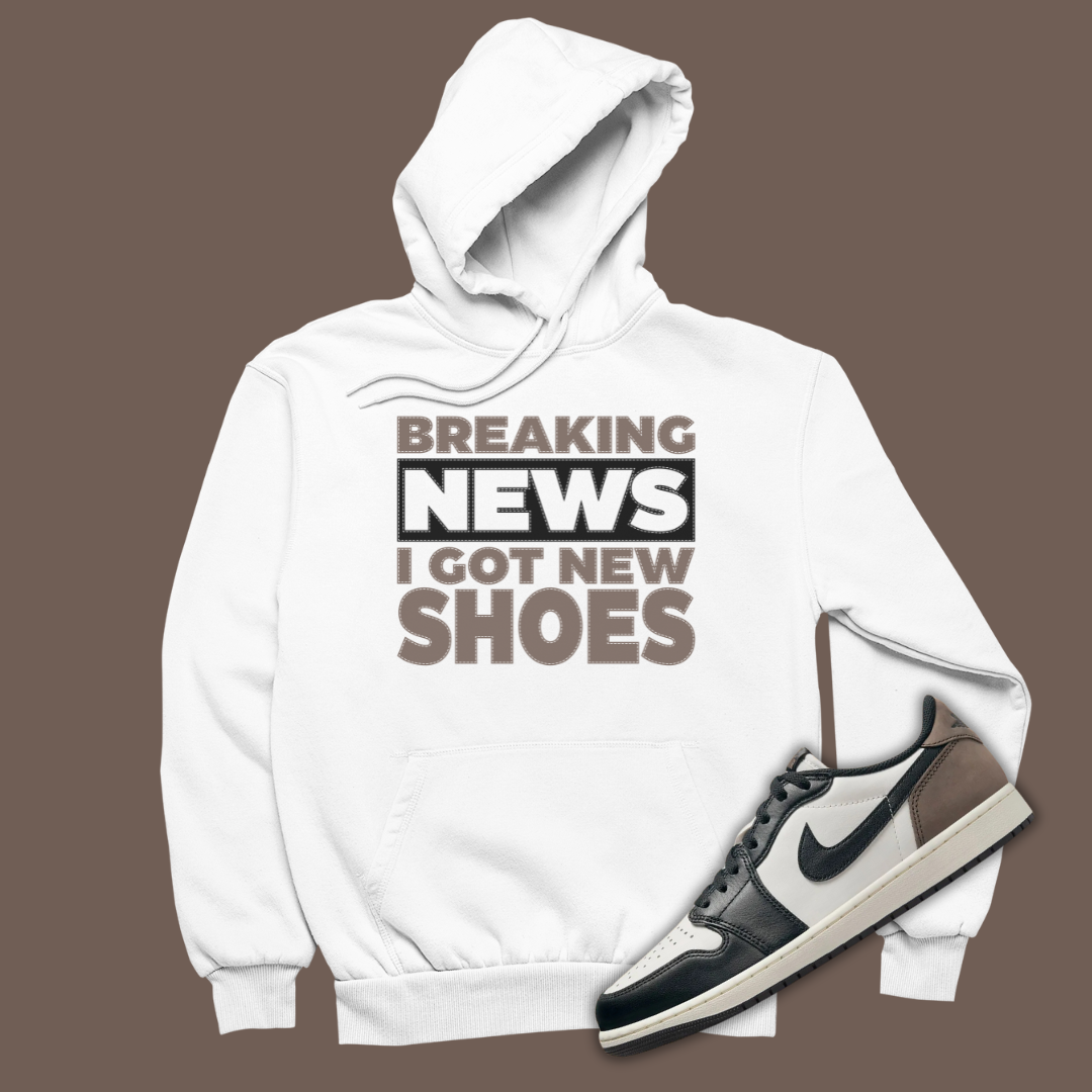 Breaking News White Hoodie Matching Jordan 1 Low OG Mocha