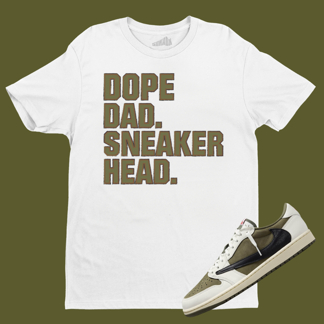 Dope Dad Sneakerhead White T-Shirt Matching Travis Scott x Air Jordan 1 Low OG Medium Olive