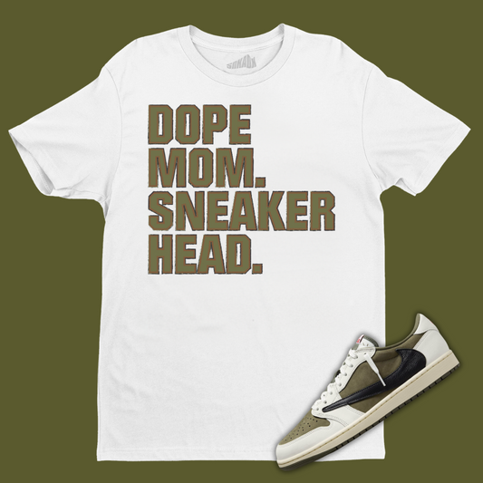 Dope Mom Sneakerhead White T-Shirt Matching Travis Scott x Air Jordan 1 Low OG Medium Olive