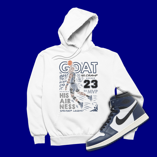 GOAT White Hoodie Matching Jordan 1 High OG Midnight Navy