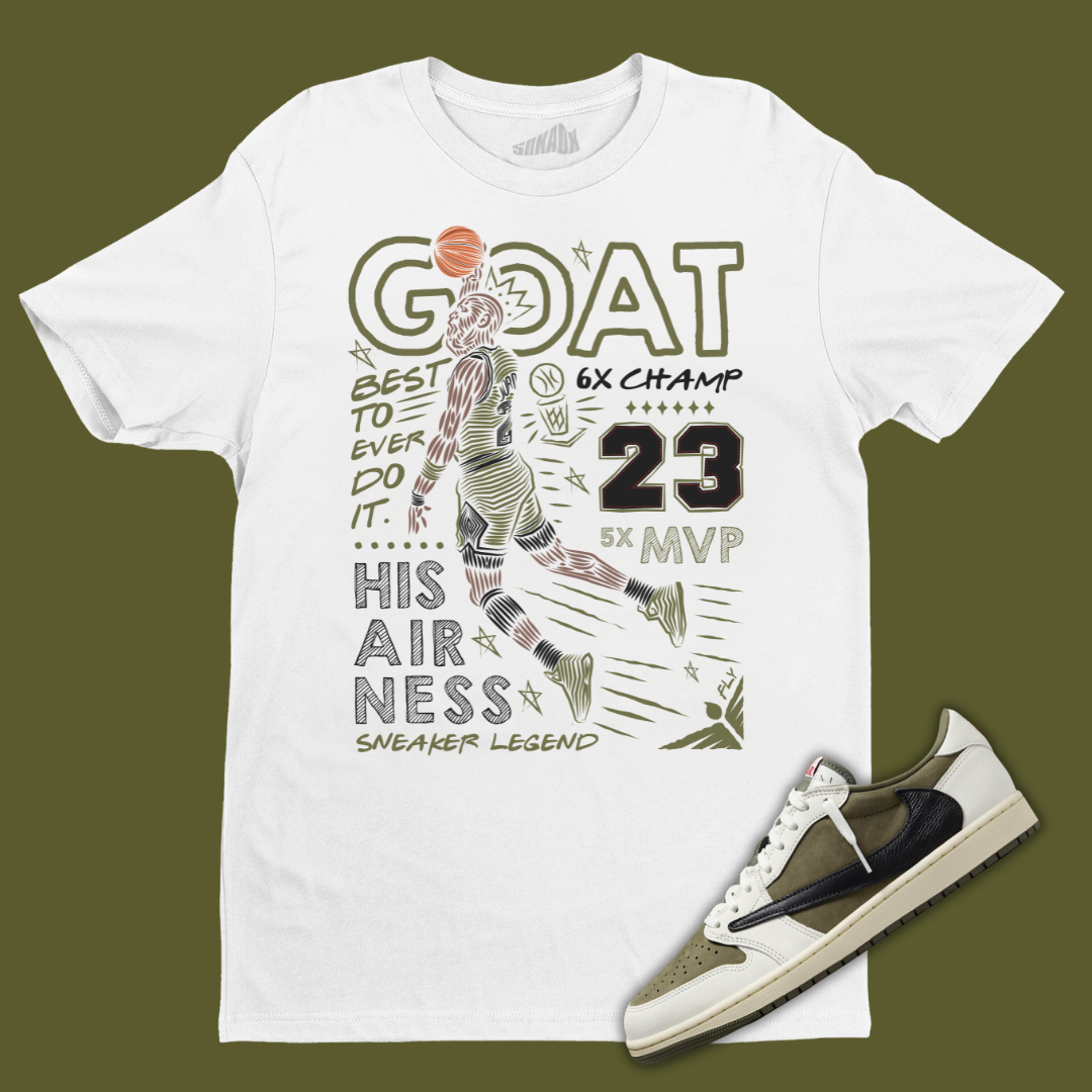 GOAT White T-Shirt Matching Travis Scott x Air Jordan 1 Low OG Medium Olive