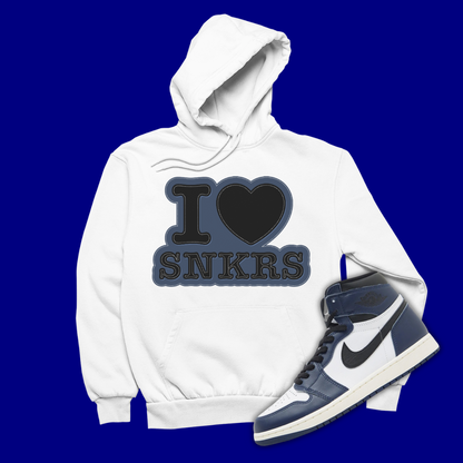 I Love Sneakers White Hoodie Matching Jordan 1 High OG Midnight Navy