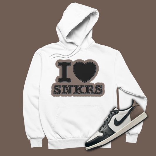 I Love Sneakers White Hoodie Matching Jordan 1 Low OG Mocha