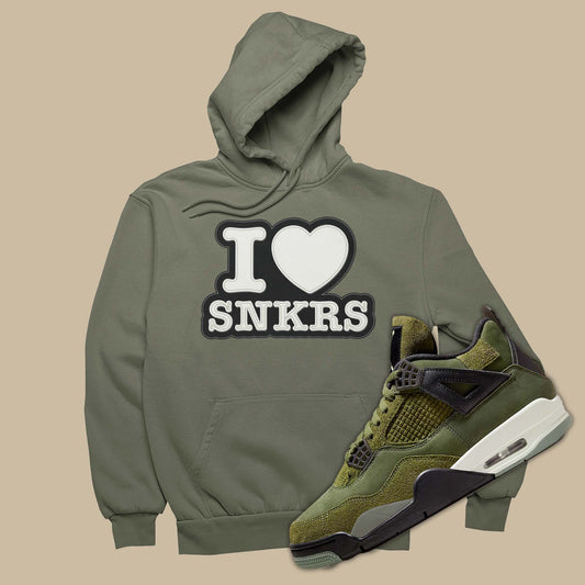This sneaker Chelsea match hoodie is the perfect sweatshirt to match your Air Jordan 4 Craft Medium Olive with I Love Sneakers graphic