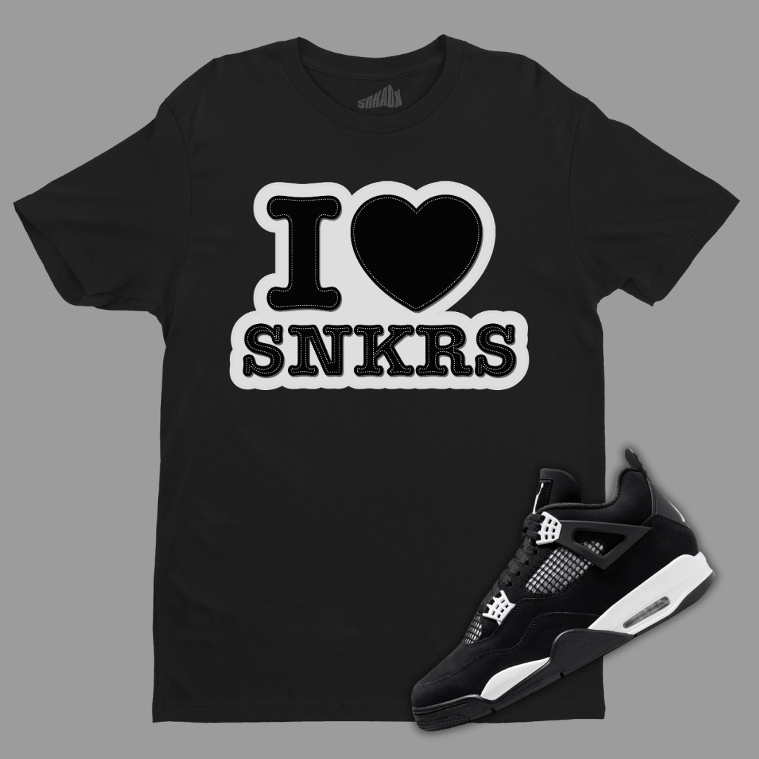 I Love Sneakers Black T-Shirt Matching Jordan 4 White Thunder