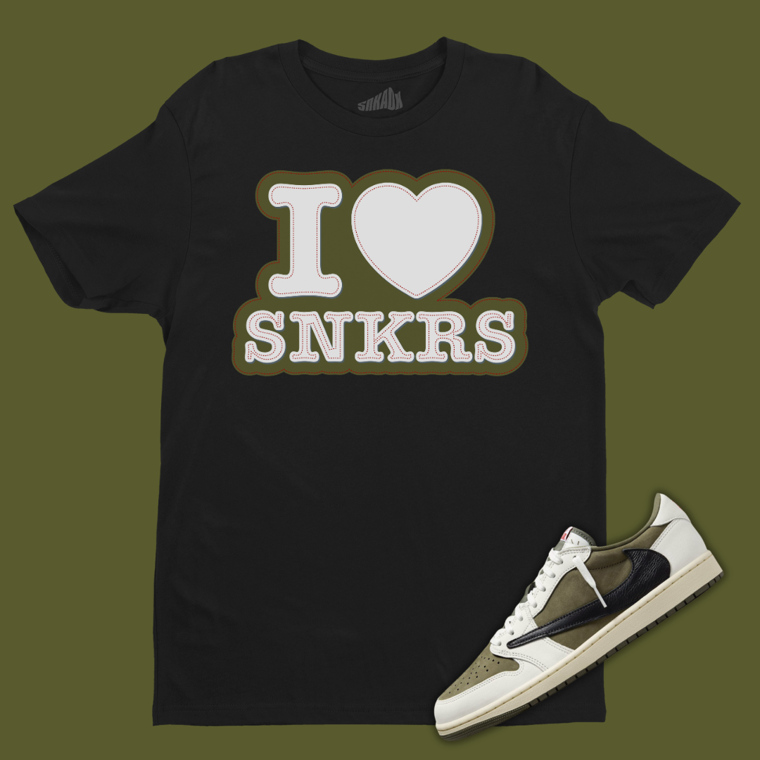 I Love Sneakers Black T-Shirt Matching Travis Scott x Air Jordan 1 Low OG Medium Olive