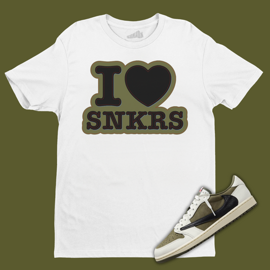 I Love Sneakers White T-Shirt Matching Travis Scott x Air Jordan 1 Low OG Medium Olive