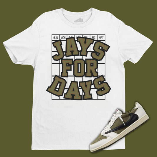 Jays For Days White T-Shirt Matching Travis Scott x Air Jordan 1 Low OG Medium Olive