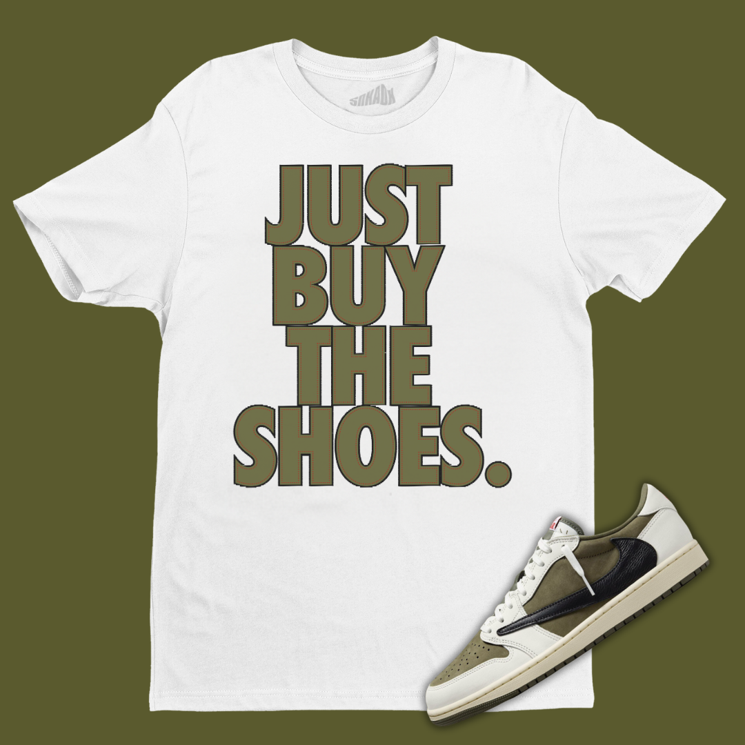 Just Buy The Shoes White T-Shirt Matching Travis Scott x Air Jordan 1 Low OG Medium Olive