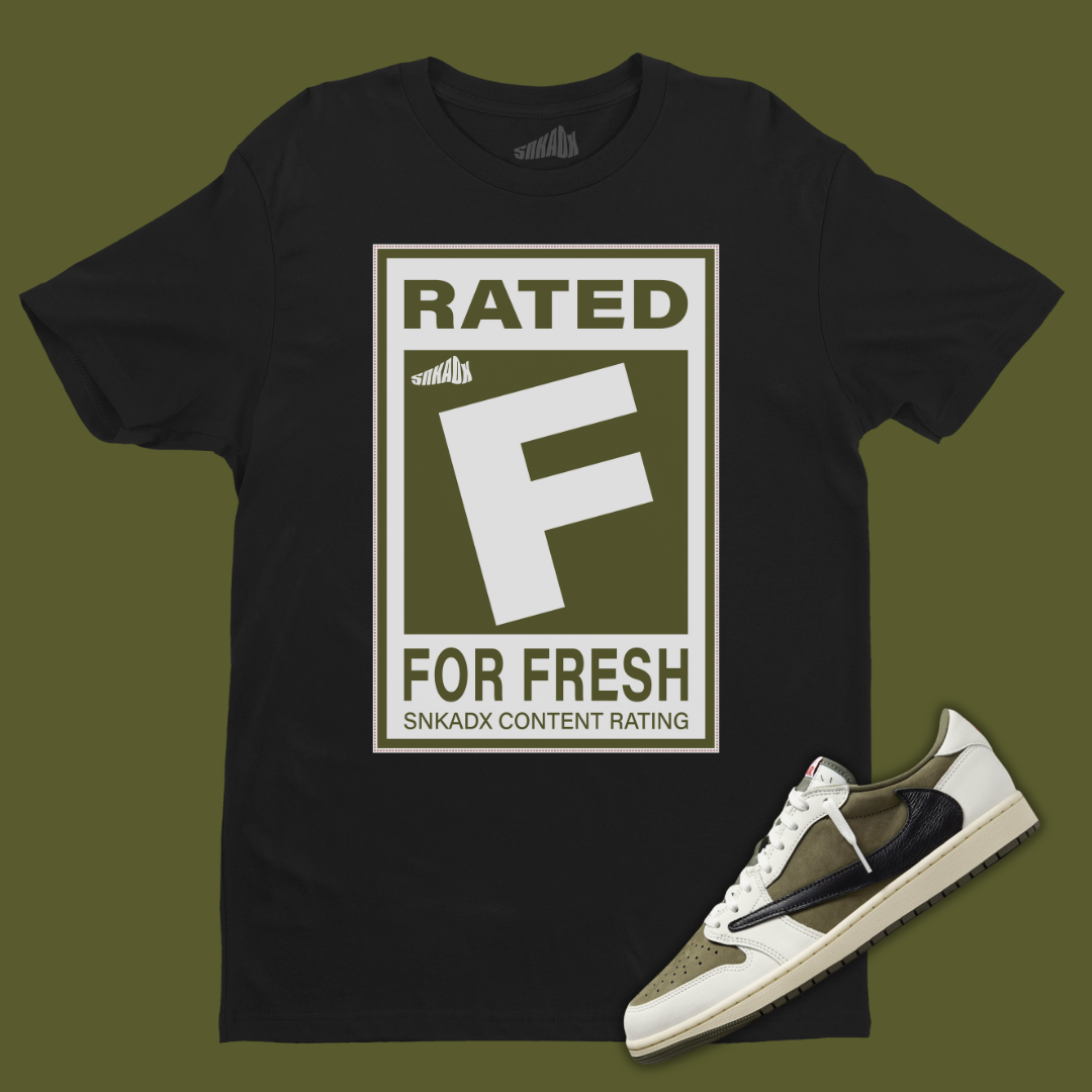 Rated F For Fresh Black T-Shirt Matching Travis Scott x Air Jordan 1 Low OG Medium Olive