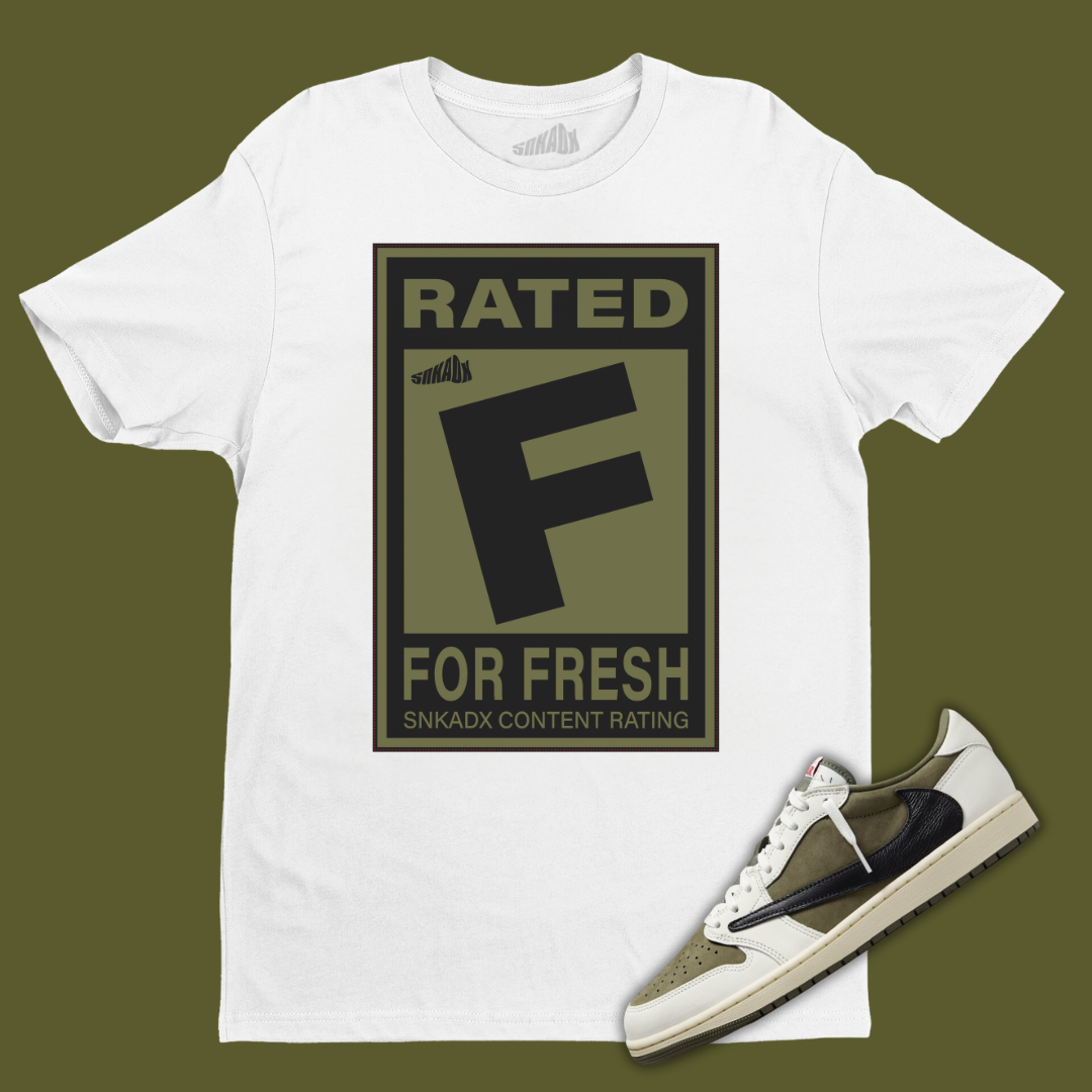 Rated F For Fresh White T-Shirt Matching Travis Scott x Air Jordan 1 Low OG Medium Olive