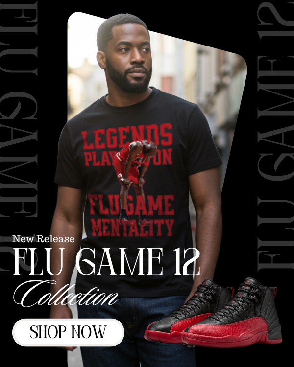 Man wearing Michael Jordan flu game t-shirt matching Air Jordan 12 Flu Game.