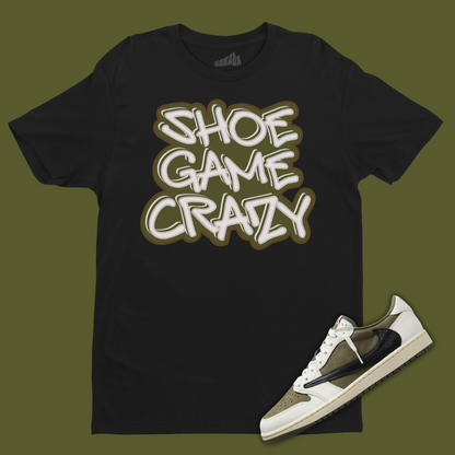 Shoe Game Crazy Black T-Shirt Matching Travis Scott x Air Jordan 1 Low OG Medium Olive