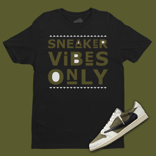 Sneaker Vibes Only Black T-Shirt Matching Travis Scott x Air Jordan 1 Low OG Medium Olive