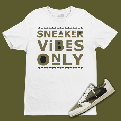 Sneaker Vibes Only White T-Shirt Matching Travis Scott x Air Jordan 1 Low OG Medium Olive