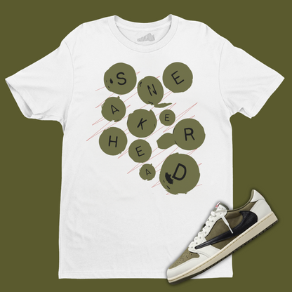 Sneakerhead Buttons White T-Shirt Matching Travis Scott x Air Jordan 1 Low OG Medium Olive